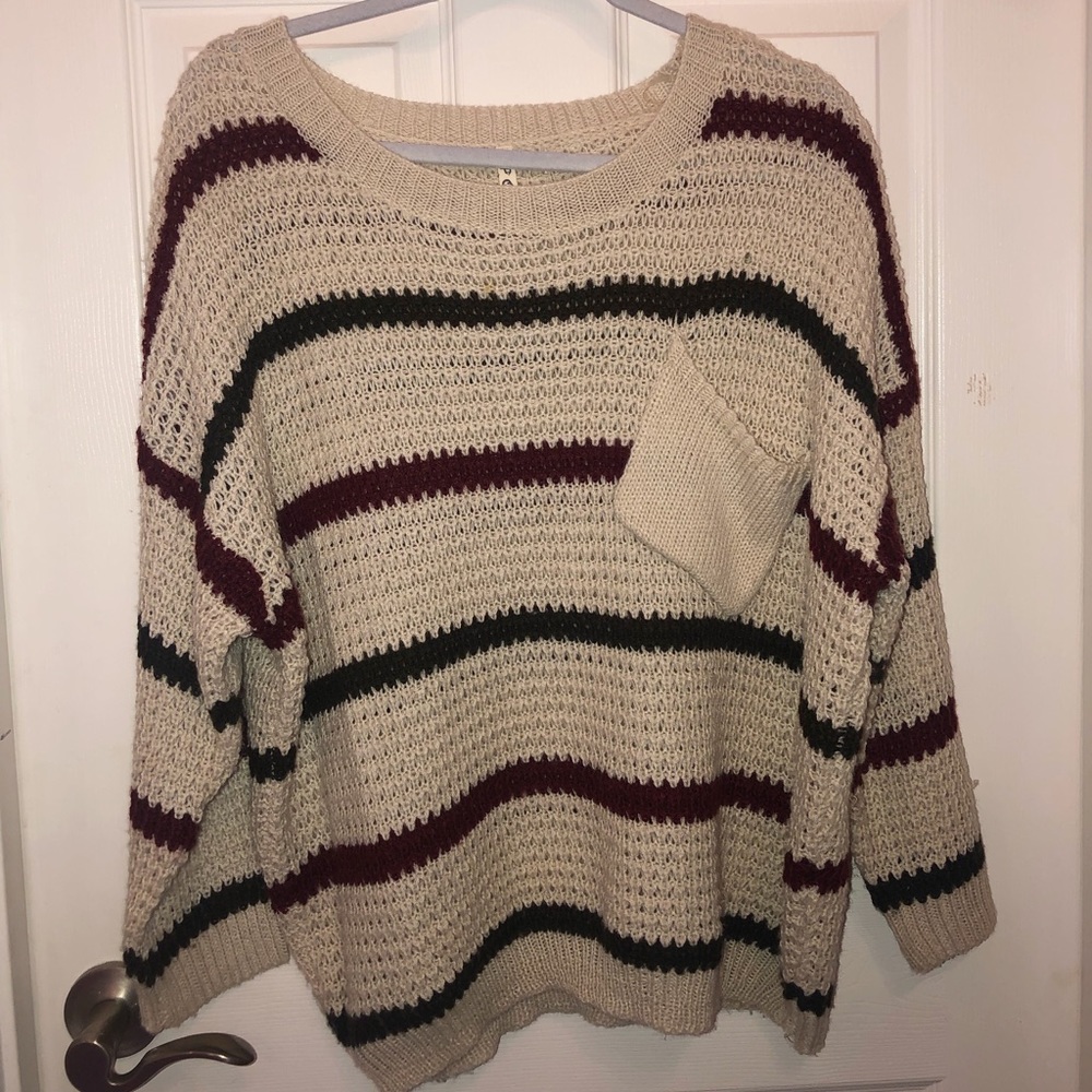 POL cream sweater with red and green stripes